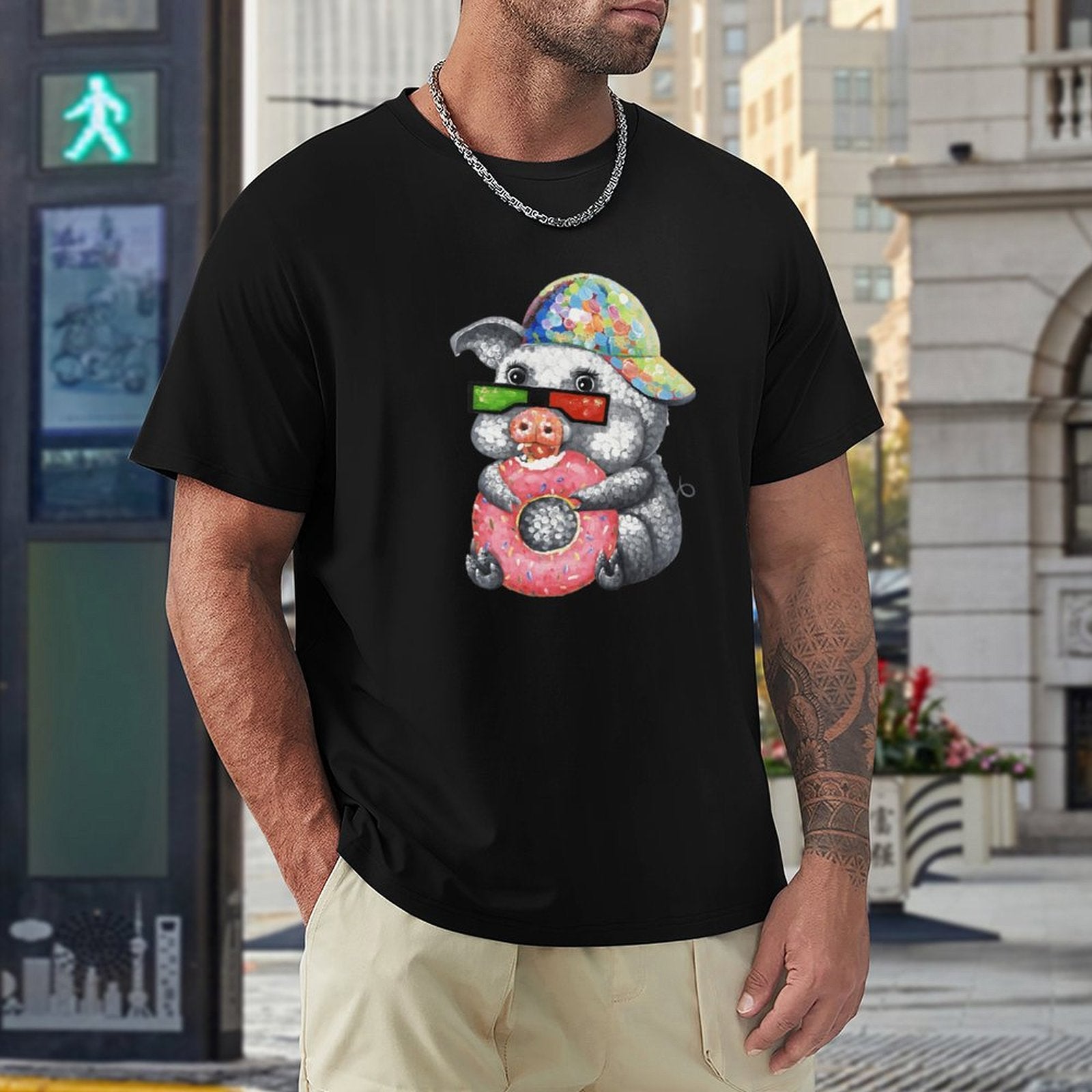 Men's black short sleeve crew neck t-shirt with pig graphic, MyArtsyGift classic tee.