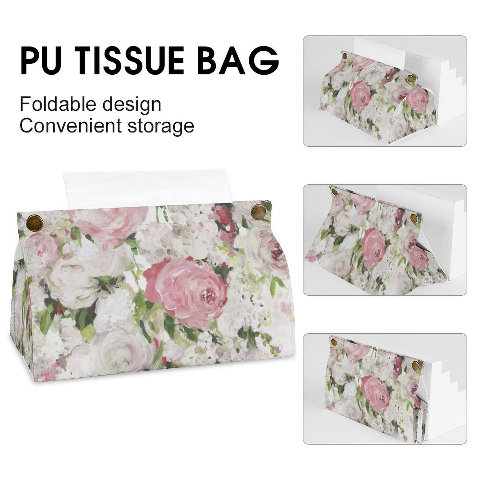PU tissue box cover with floral design, rectangular facial tissue holder for bathroom, kitchen or office
