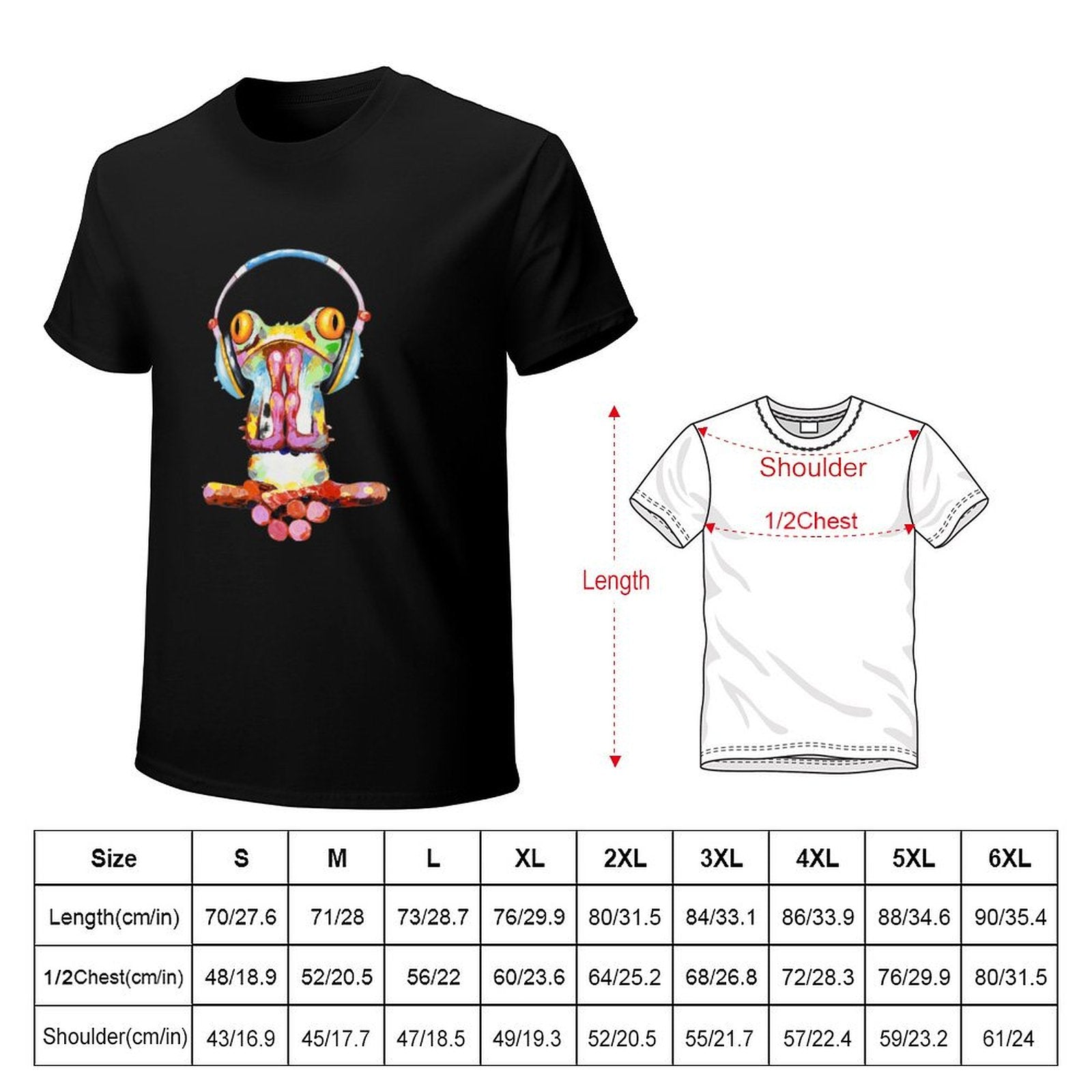 Black men's short sleeve t-shirt with colorful frog art, size chart with measurements, classic tee.