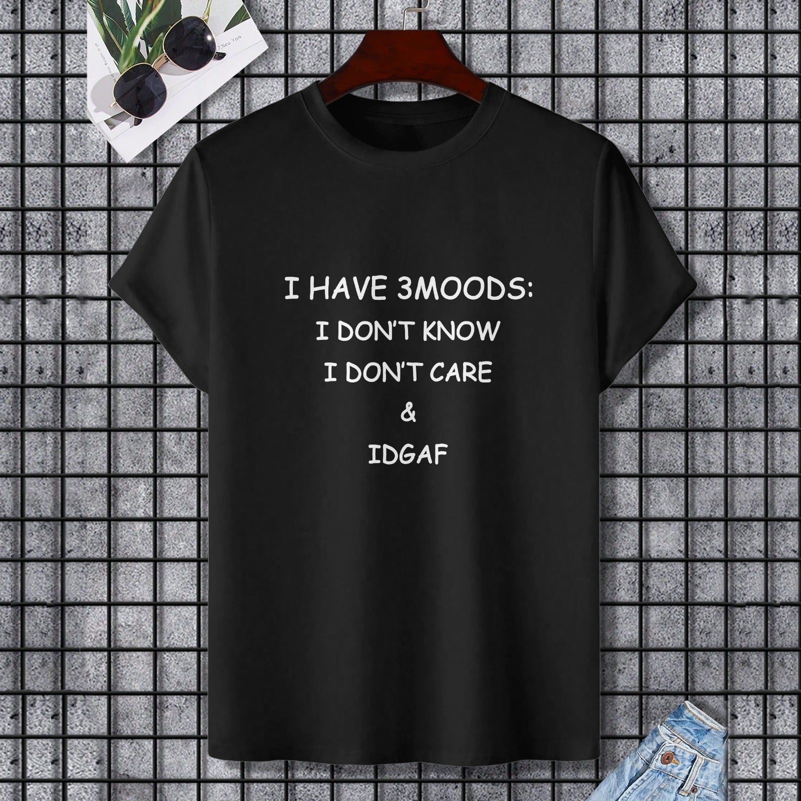 Black Gildan Unisex T-shirt with humorous text "I HAVE 3 MOODS: I DON'T KNOW I DON'T CARE & IDGAF".