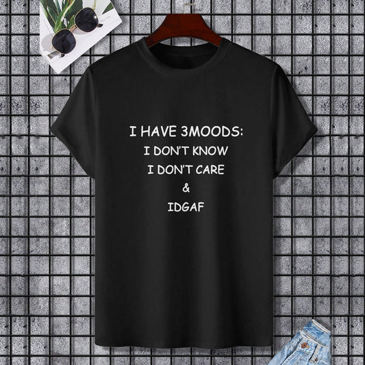 Black Gildan Unisex T-shirt with humorous text "I HAVE 3 MOODS: I DON'T KNOW I DON'T CARE & IDGAF".