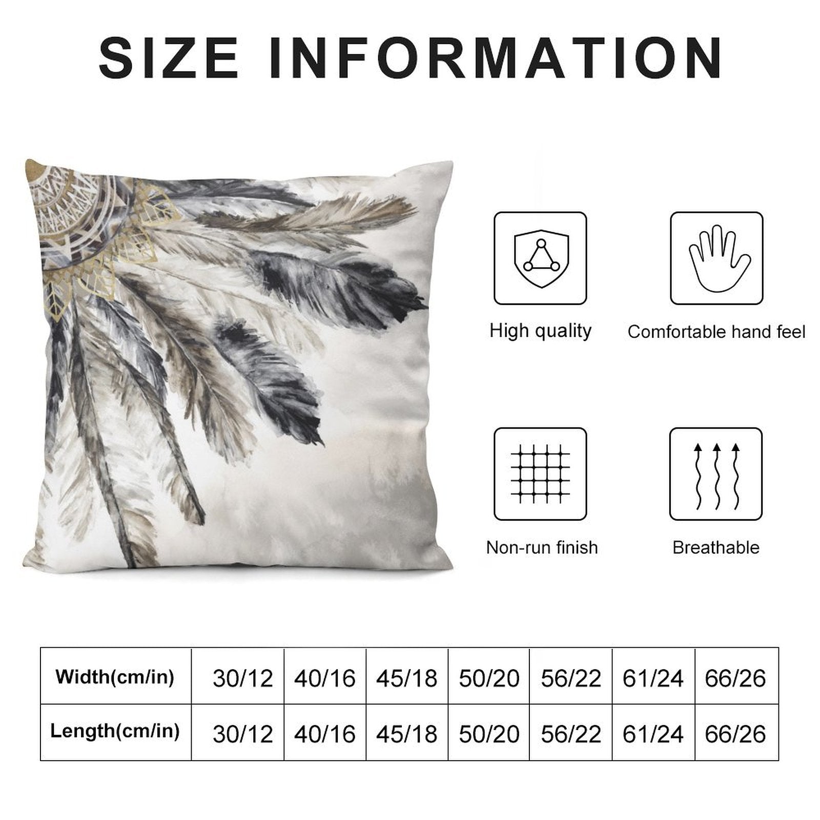 Gray and gold feather design plush pillow cover, size information, for sofa and living room
