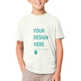 Customizable children's t-shirt with heart pattern and "YOUR DESIGN HERE" text. Mesh fabric, perfect for kids.