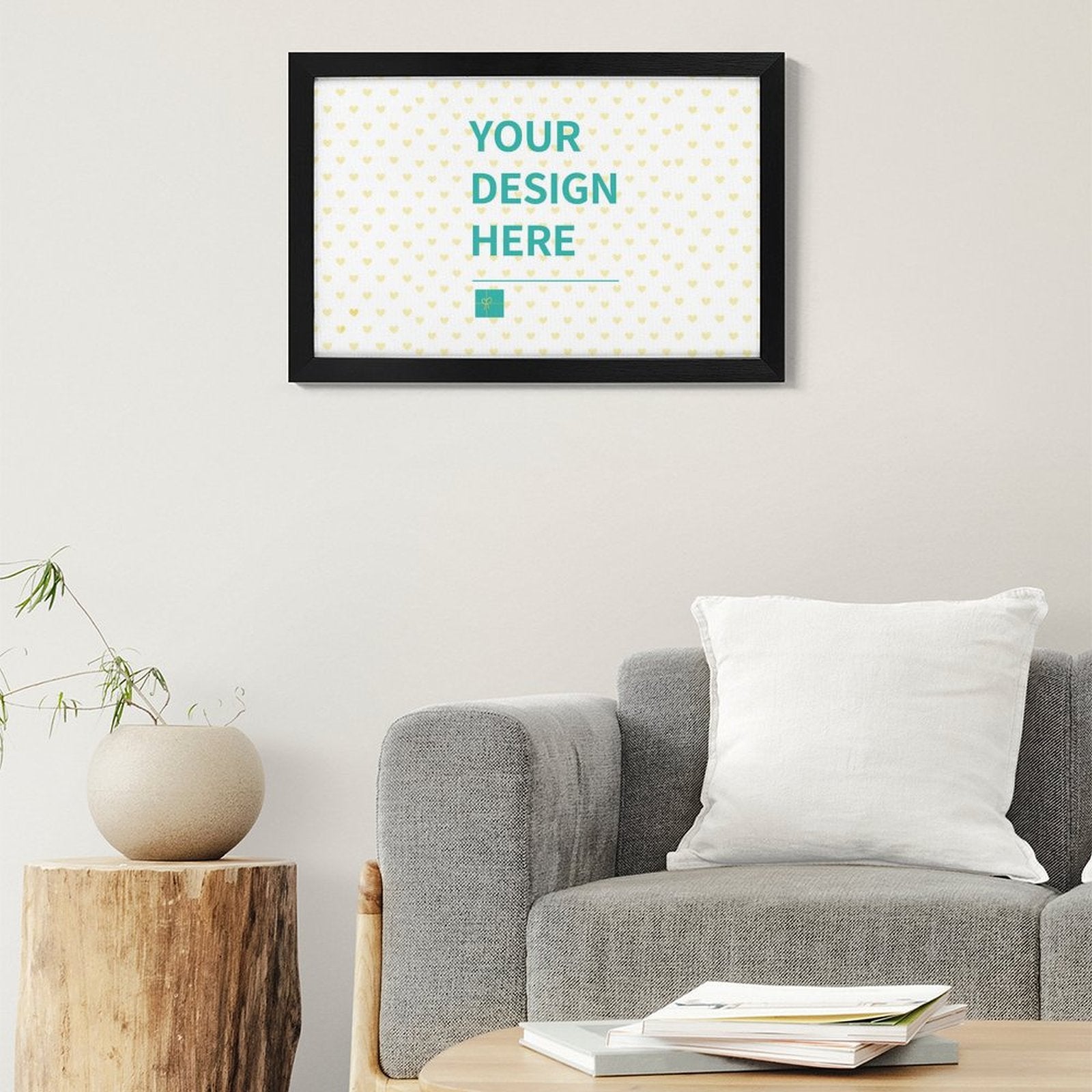 Personalized canvas print with black frame featuring 'YOUR DESIGN HERE', custom wall art for gifts