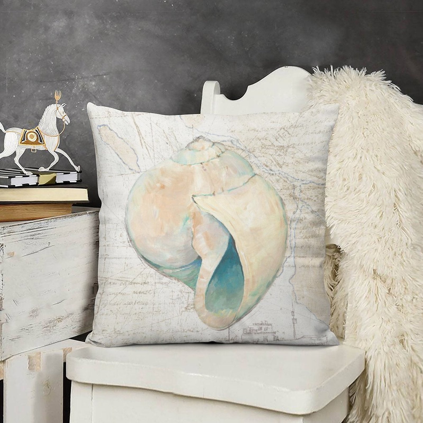 Seashell art plush throw pillow, soft & fluffy decorative pillow cover, perfect for sofa and living room decor.