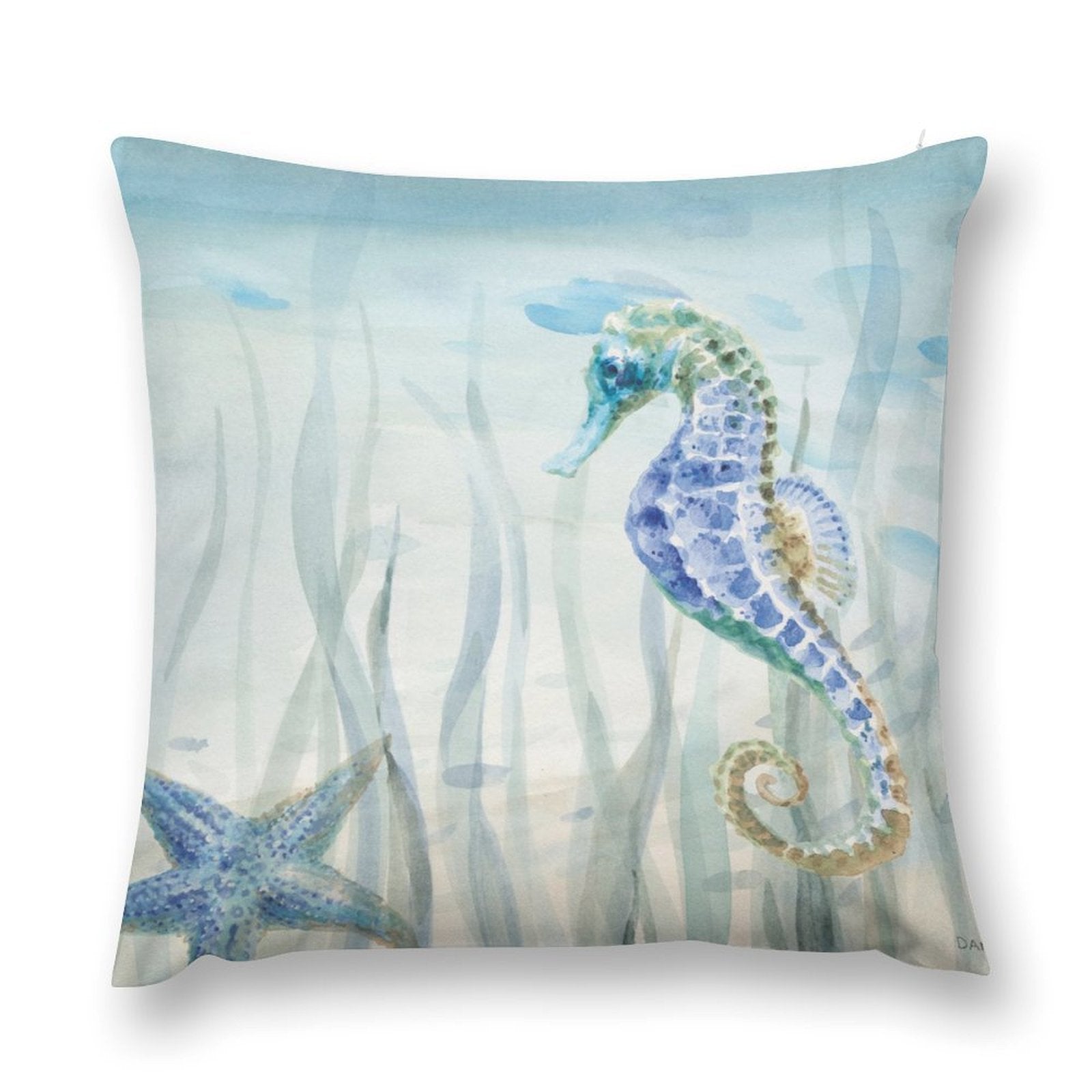 Soft, fluffy pillow cover with seahorse and starfish design, perfect for couch or bed; plush, decorative pillow covers.