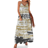 Women's backless polyester long slip dress with tie-dye print in white, gold, and black, perfect for summer.