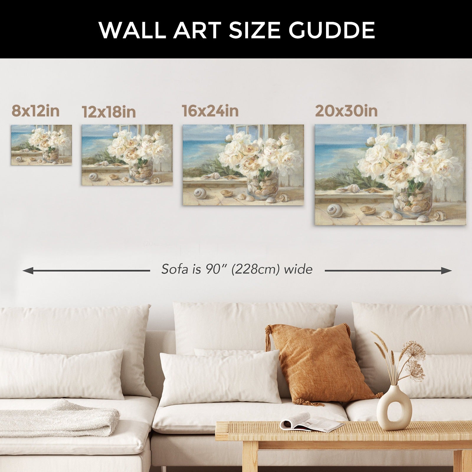 6000 By the Sea canvas print size guide. White peonies, seashells art, minimalist wall decor, made in USA.