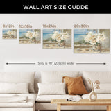 6000 By the Sea canvas print size guide. White peonies, seashells art, minimalist wall decor, made in USA.