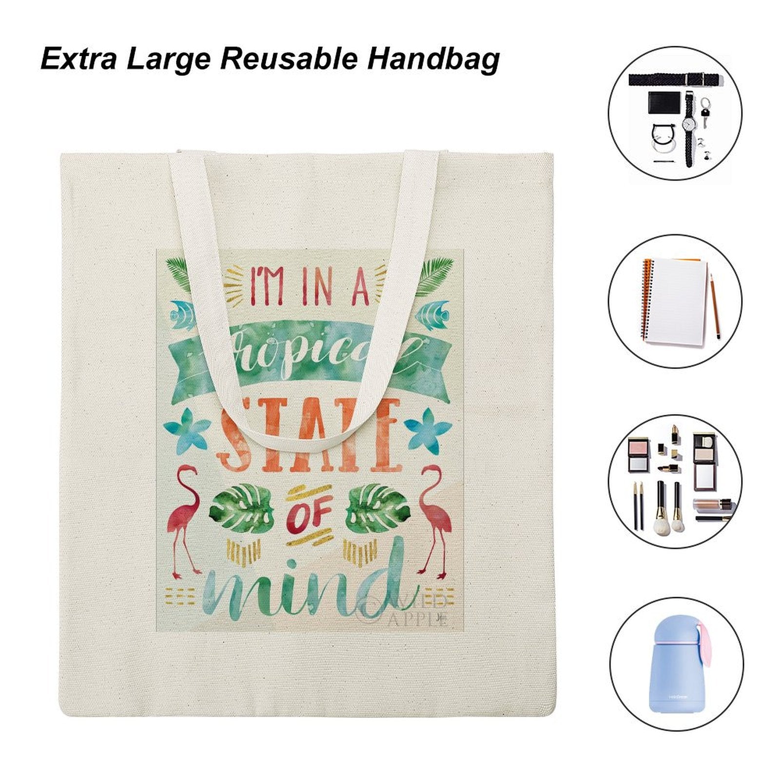 Canvas tote bag with 'Tropical State of Mind' design; perfect for shopping. Made of cotton.