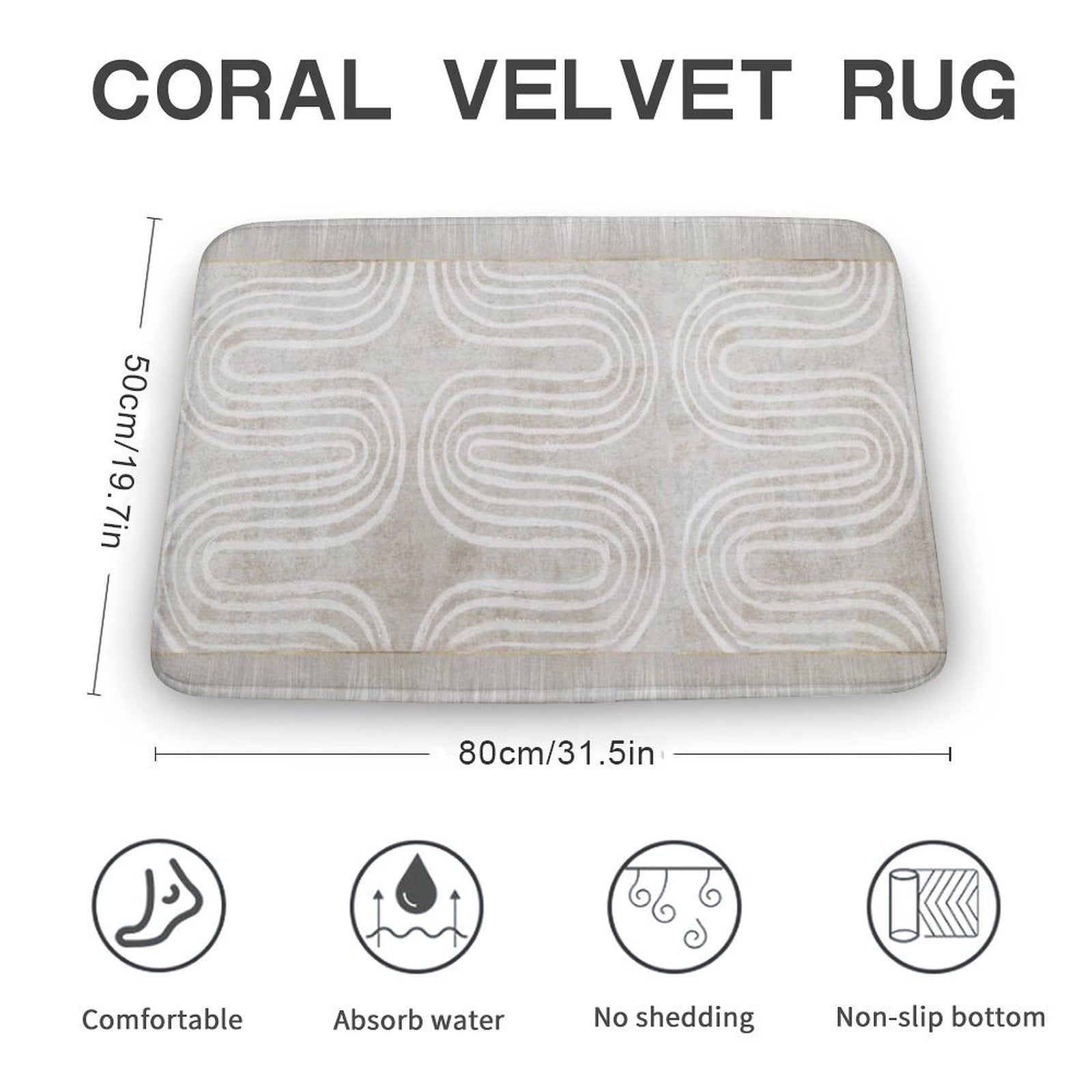 Coral velvet bath rug with abstract design, non-slip, absorbent, and quick-drying for bathroom or kitchen.