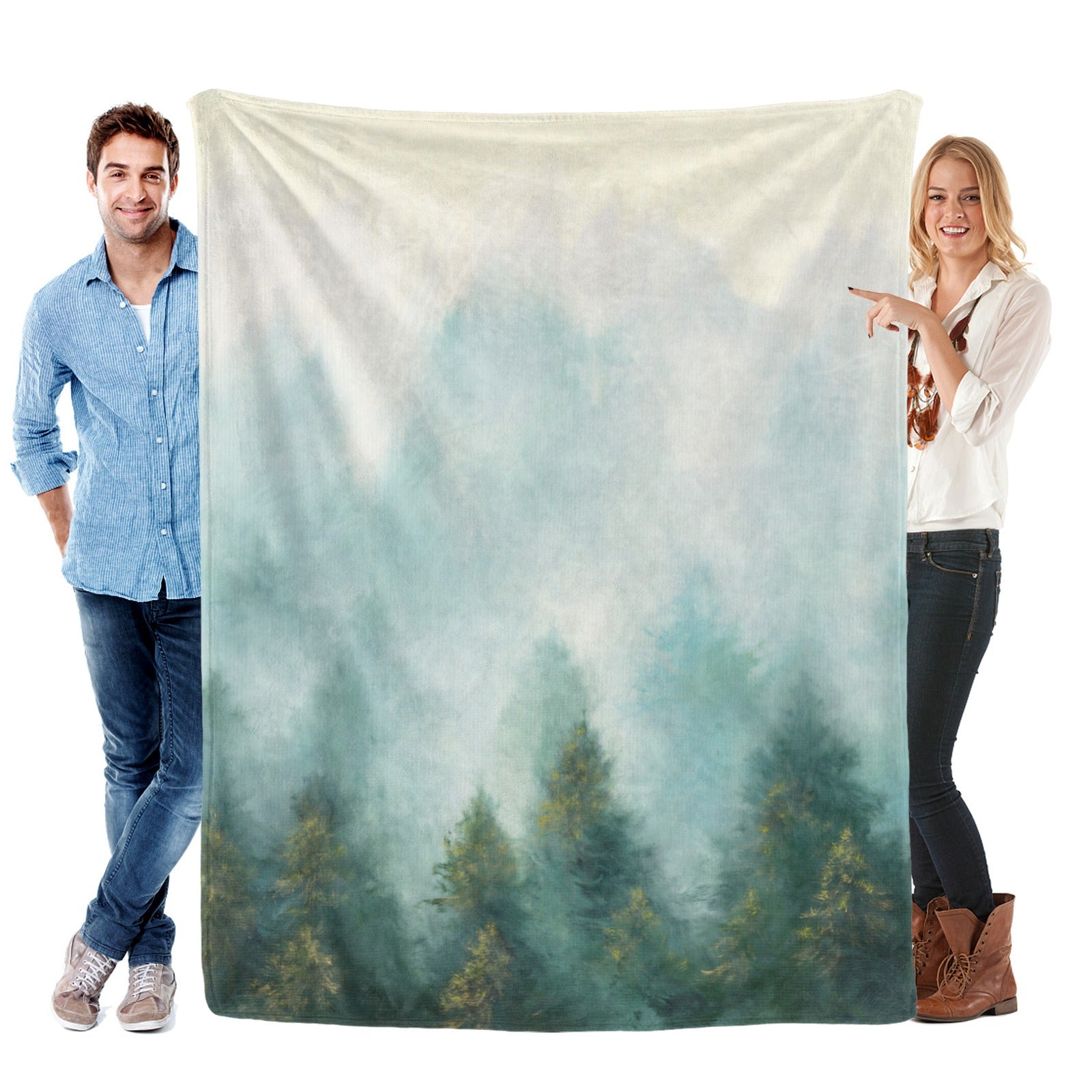 Misty forest flannel blanket. USA-made forest print blanket. Cozy and perfect for indoor/outdoor use.
