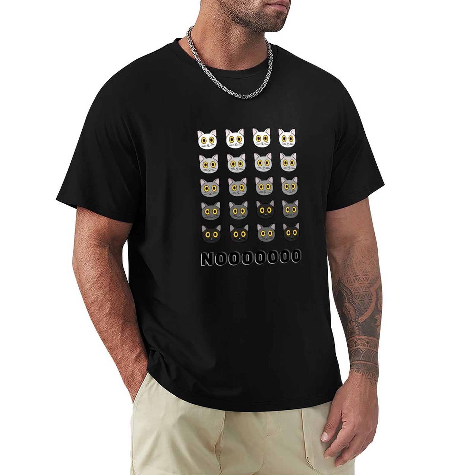 Men's black short sleeve tee with repeated cat face design and NOOOOOOOO text, MyArtsyGift