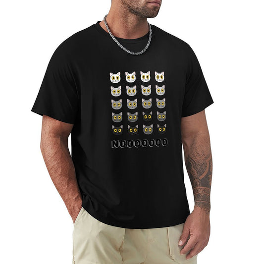 Men's black short sleeve tee with repeated cat face design and NOOOOOOOO text, MyArtsyGift