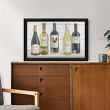 Framed canvas print with wine bottles, home decor. Includes Rabbit Ridge, Big Barn, Rooster Creek, and Hog Hill labels.