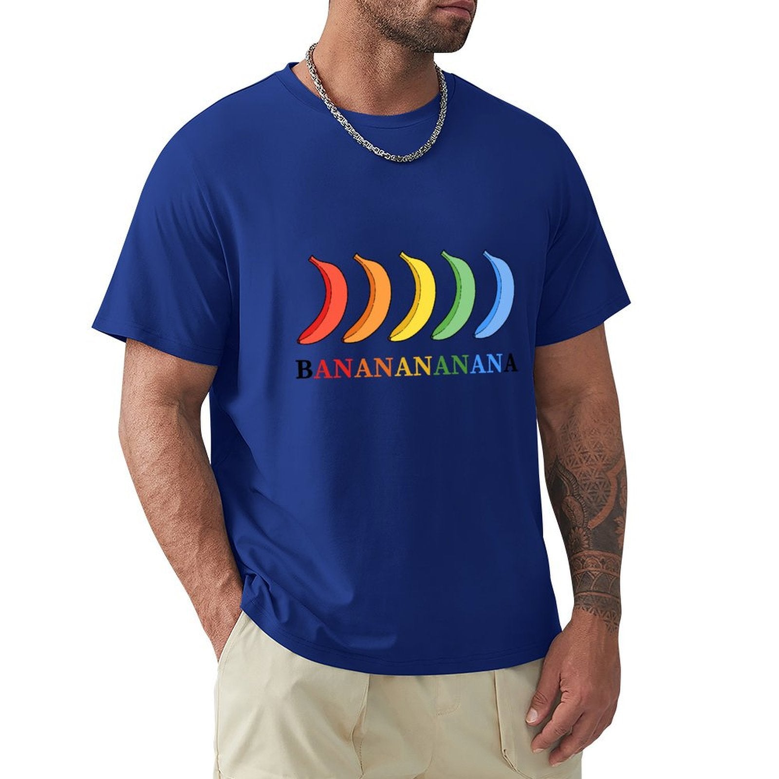 MyArtsyGift Men's blue short sleeve tee with colorful banana graphic. Classic fit cotton shirt with round neck.