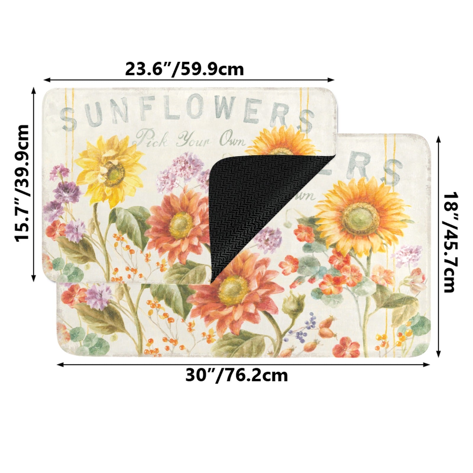 Autumn sunflowers door mat, floral design with 'SUNFLOWERS Pick Your Own' text, entrance decor
