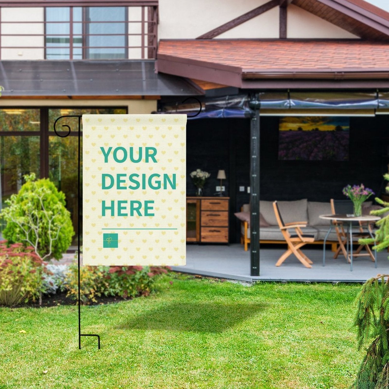 Customizable linen garden flag, with 'YOUR DESIGN HERE' message, perfect for patio decor.