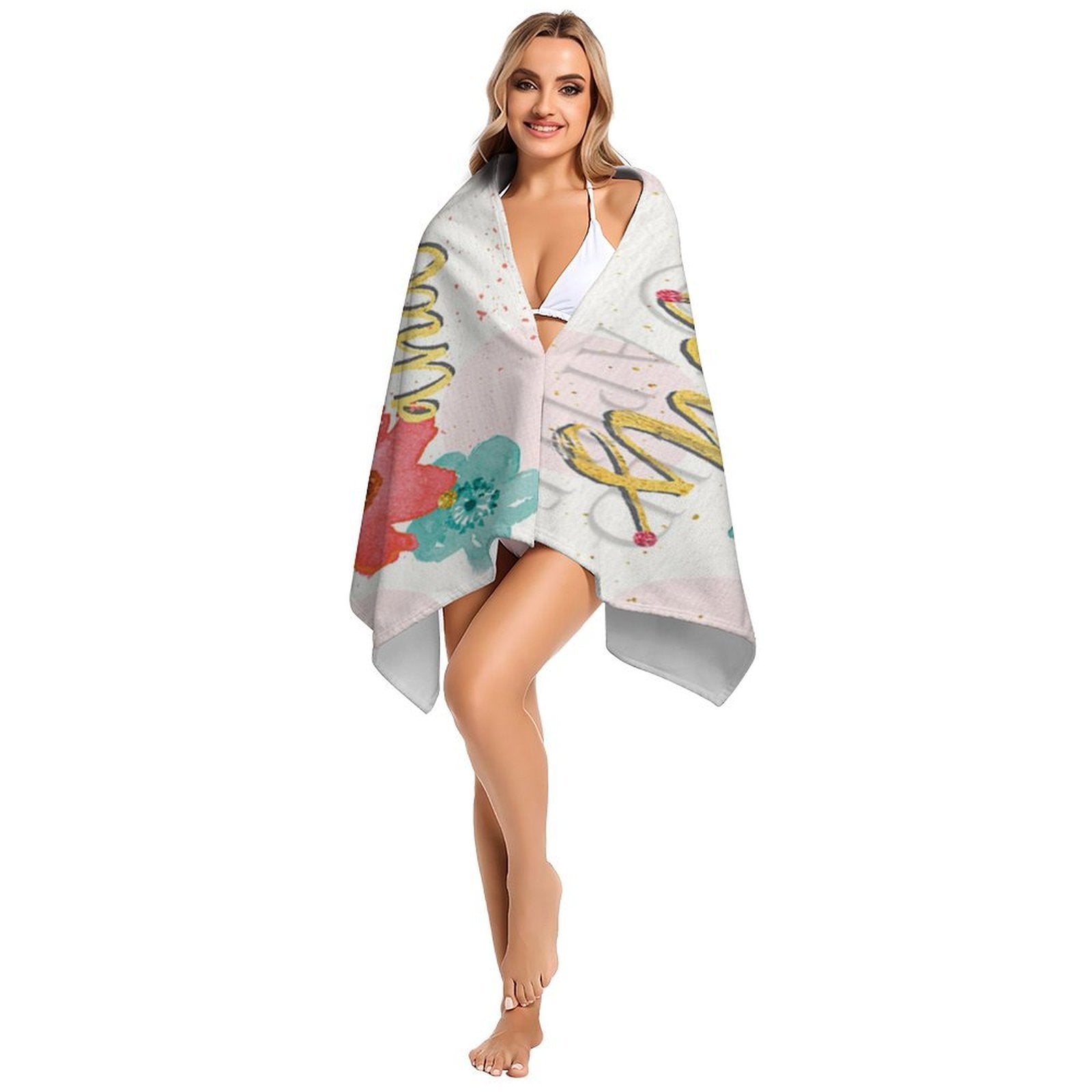 Personalized microfiber beach towel with floral design & quote, perfect for beach accessory
