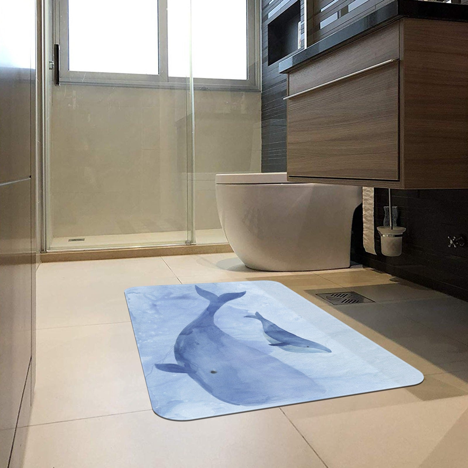 Blue whale doormat in a bathroom, rubber floor mat with whale watercolor art design, for indoor use.