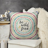 Linen throw pillow case with 'be wild & free' text, mandala design, and colorful accents, for living room decor.