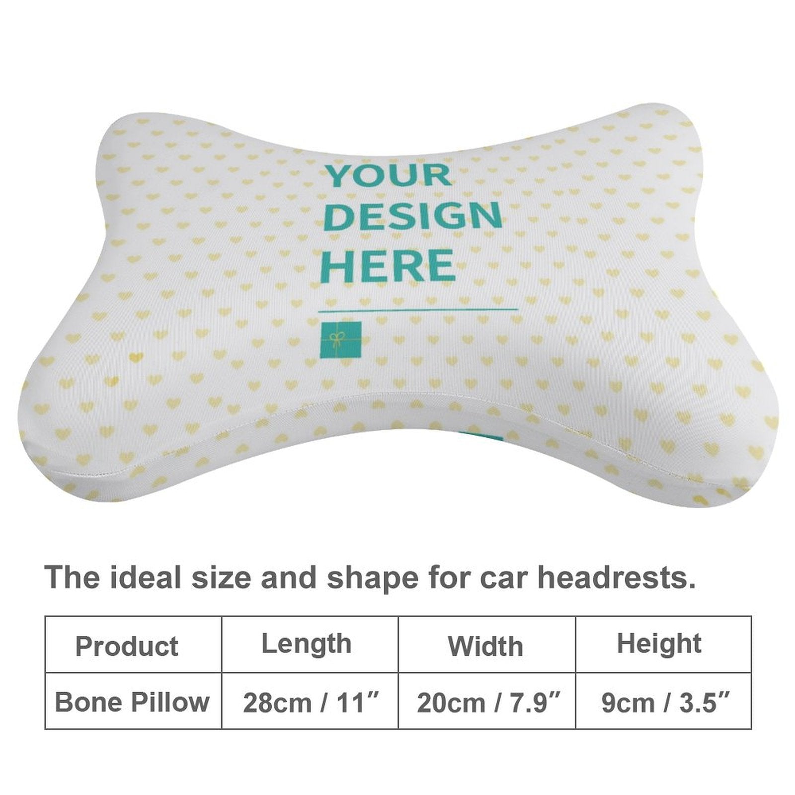 Customizable bone pillow with 'YOUR DESIGN HERE'. Polyester/memory foam, for car, home, or office; Neck support.