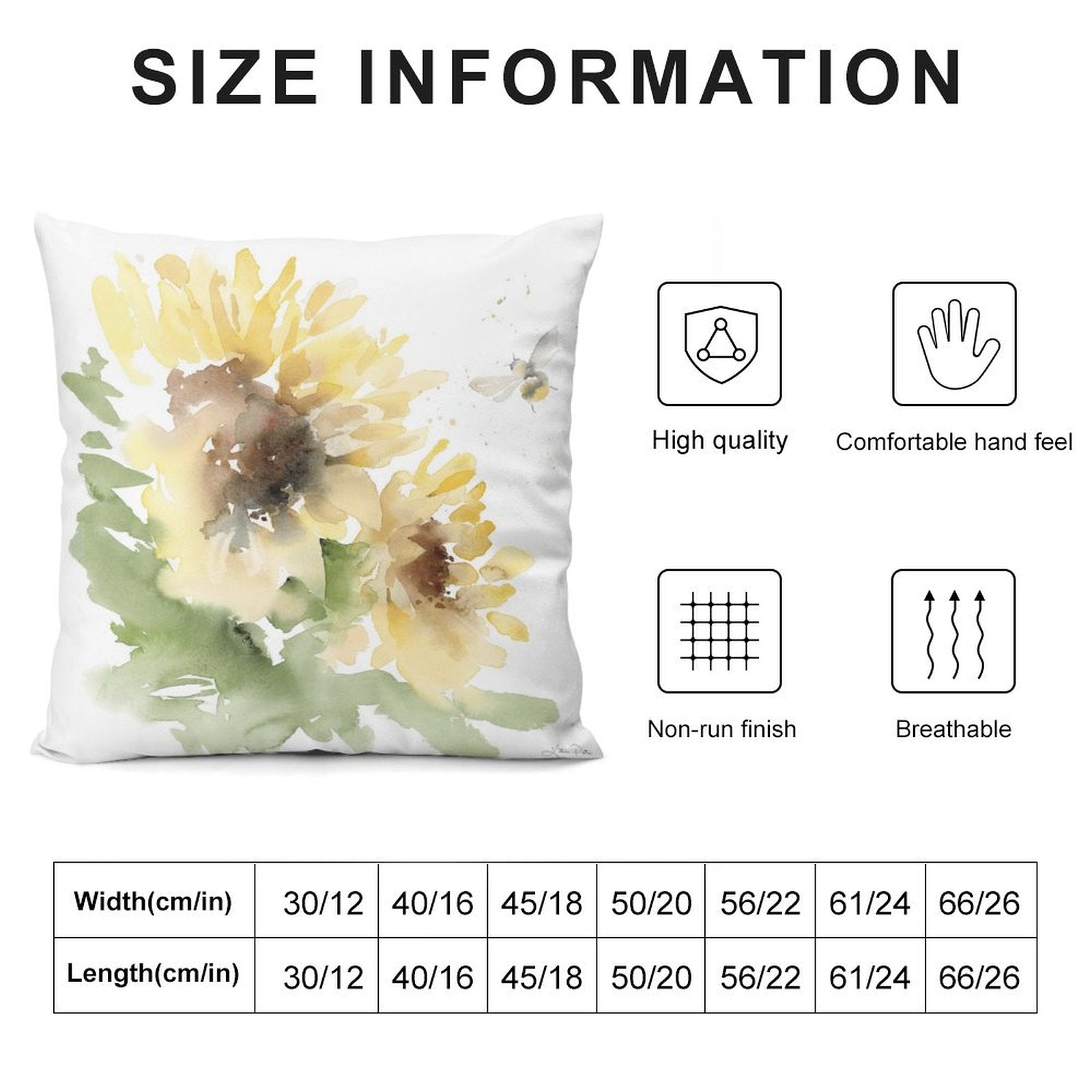 Sunflower decorative pillow cover with size information, high quality, breathable, non-run finish, and comfortable hand feel.