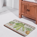 Coral velvet bath rug with farm fresh radishes, snap peas, and carrots design, perfect for bathroom or kitchen decor