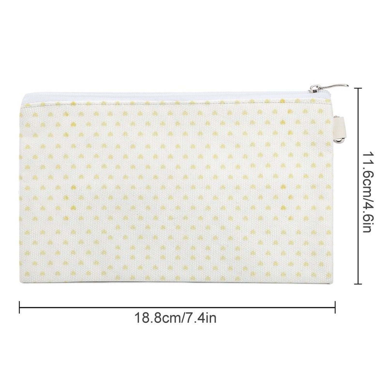 Canvas coin purse mini wallet with yellow polka dots; 18.8cm/7.4in long, 11.6cm/4.6in tall.