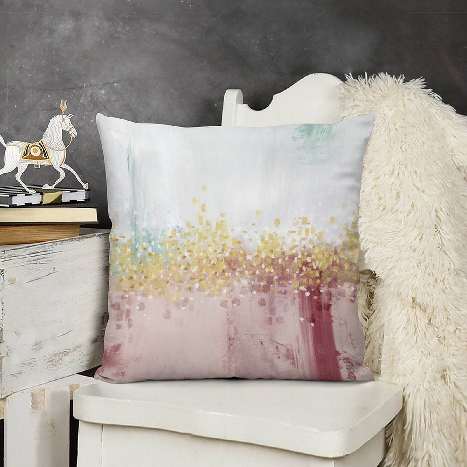 Abstract art plush pillow cover for sofa, couch, living room. Soft and fluffy, MyArtsyGift design in pink, gold, turquoise.