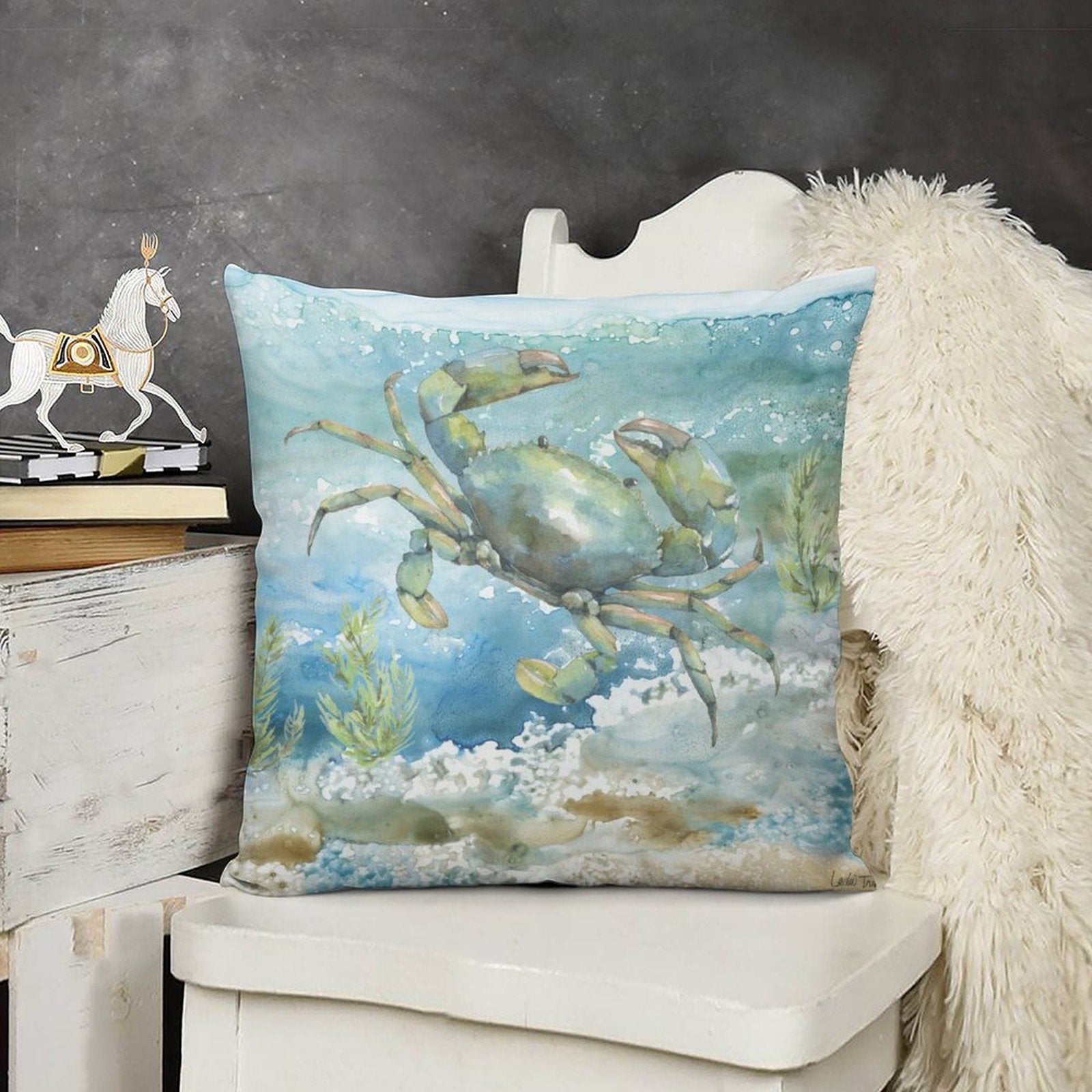Crab plush pillow cover, watercolor art design, soft and fluffy decorative pillow for sofa, couch, or living room.
