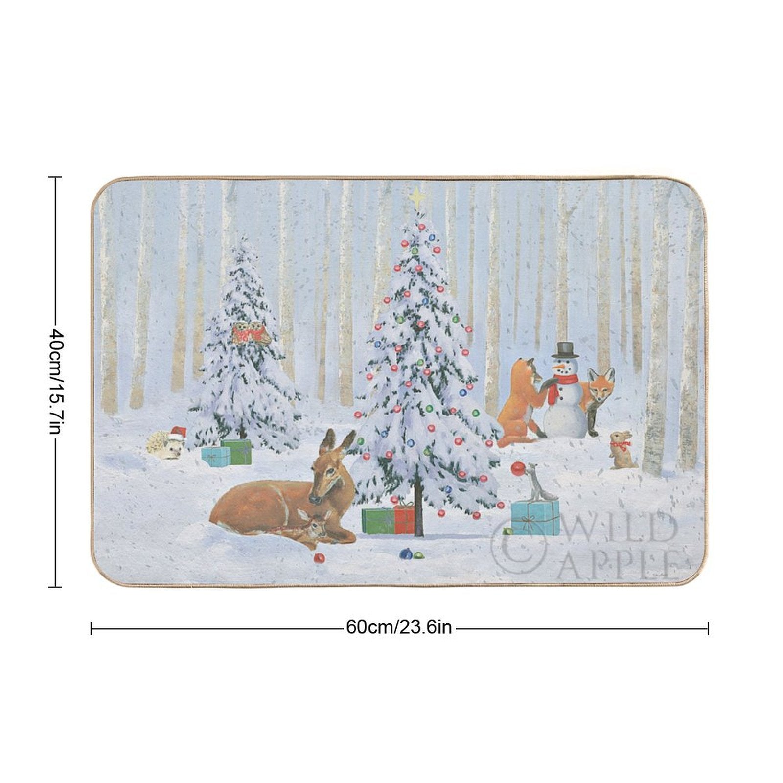 Personalized Christmas Critters Floor Mat, Winter scene with deer, fox, snowman, and trees. Non-slip washable rug, 40x60cm.