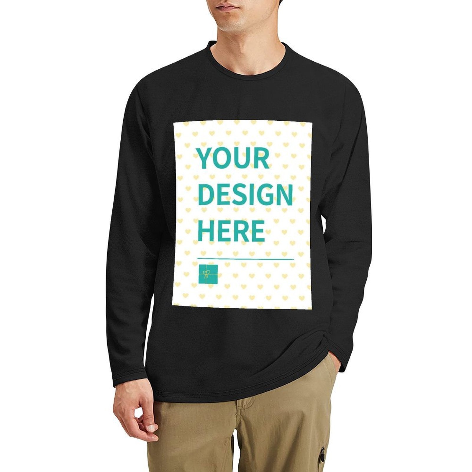 Men's custom long sleeve t-shirt with "YOUR DESIGN HERE" design, personalized gift option at MyArtsyGift.com