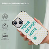 Custom iPhone 13 phone case, white with heart pattern and "YOUR DESIGN HERE" text, fiber leather skin