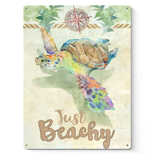 Personalized metal sign featuring a 'Just Beachy' sea turtle watercolor art, made in USA.