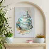 Oyster II modern wall art canvas painting for living room decor. Features teal and blue layered shell design.