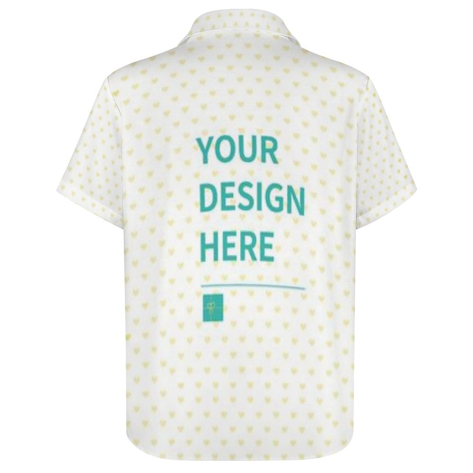 Custom short sleeve button-down shirt with heart pattern and 'YOUR DESIGN HERE' text.