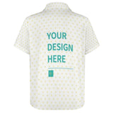 Custom short sleeve button-down shirt with heart pattern and 'YOUR DESIGN HERE' text.