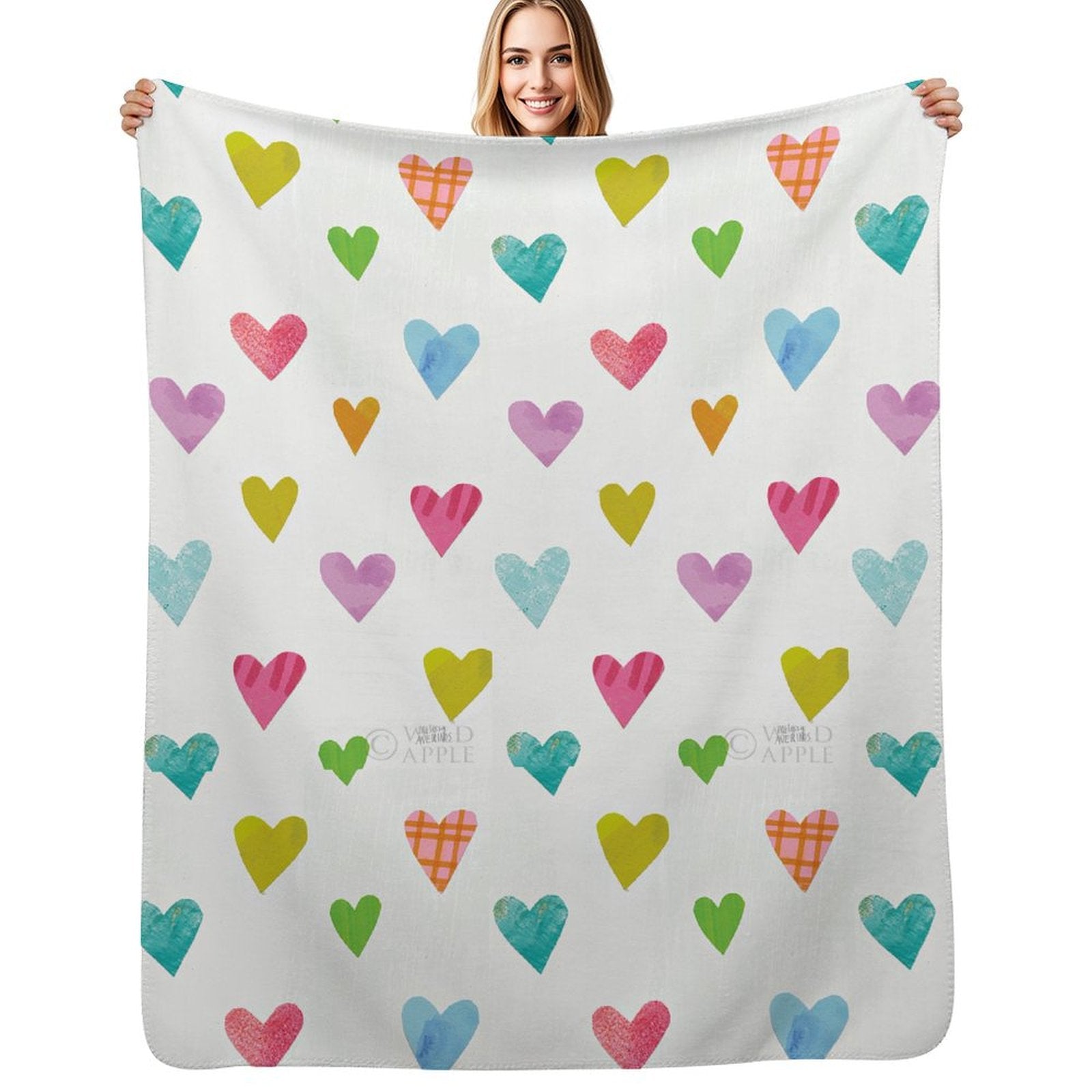Lamb wool fleece blanket with colorful heart pattern for bed, sofa, couch, or travel. Soft and cozy.