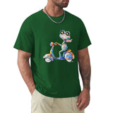 Men's green cotton t-shirt featuring a colorful frog on a scooter graphic, comfortable crew neck tee