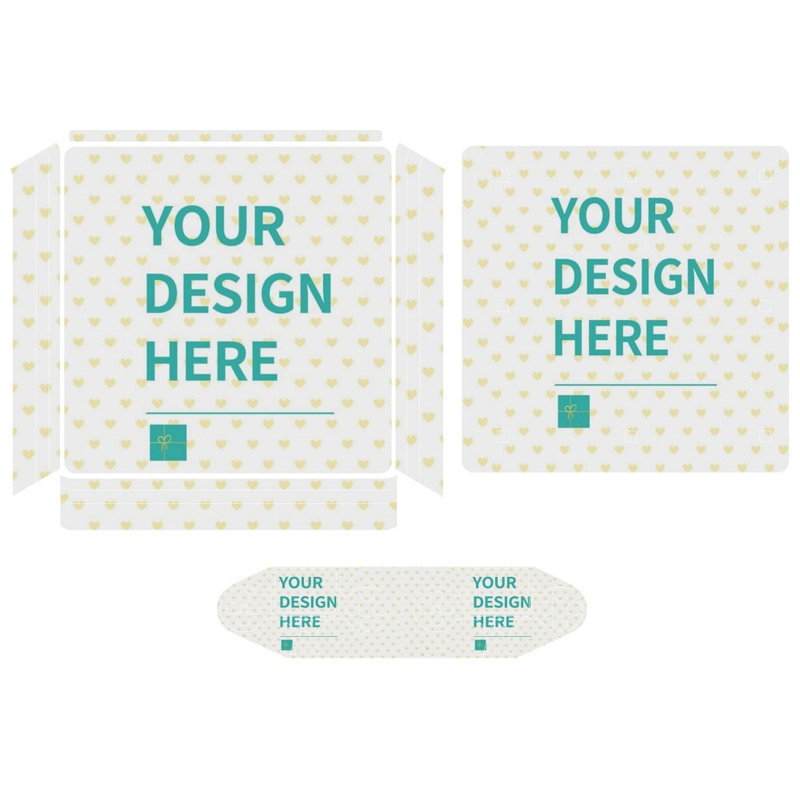 Custom PS4 skin design with "YOUR DESIGN HERE" on PVC stickers, heart pattern, for console and controllers.