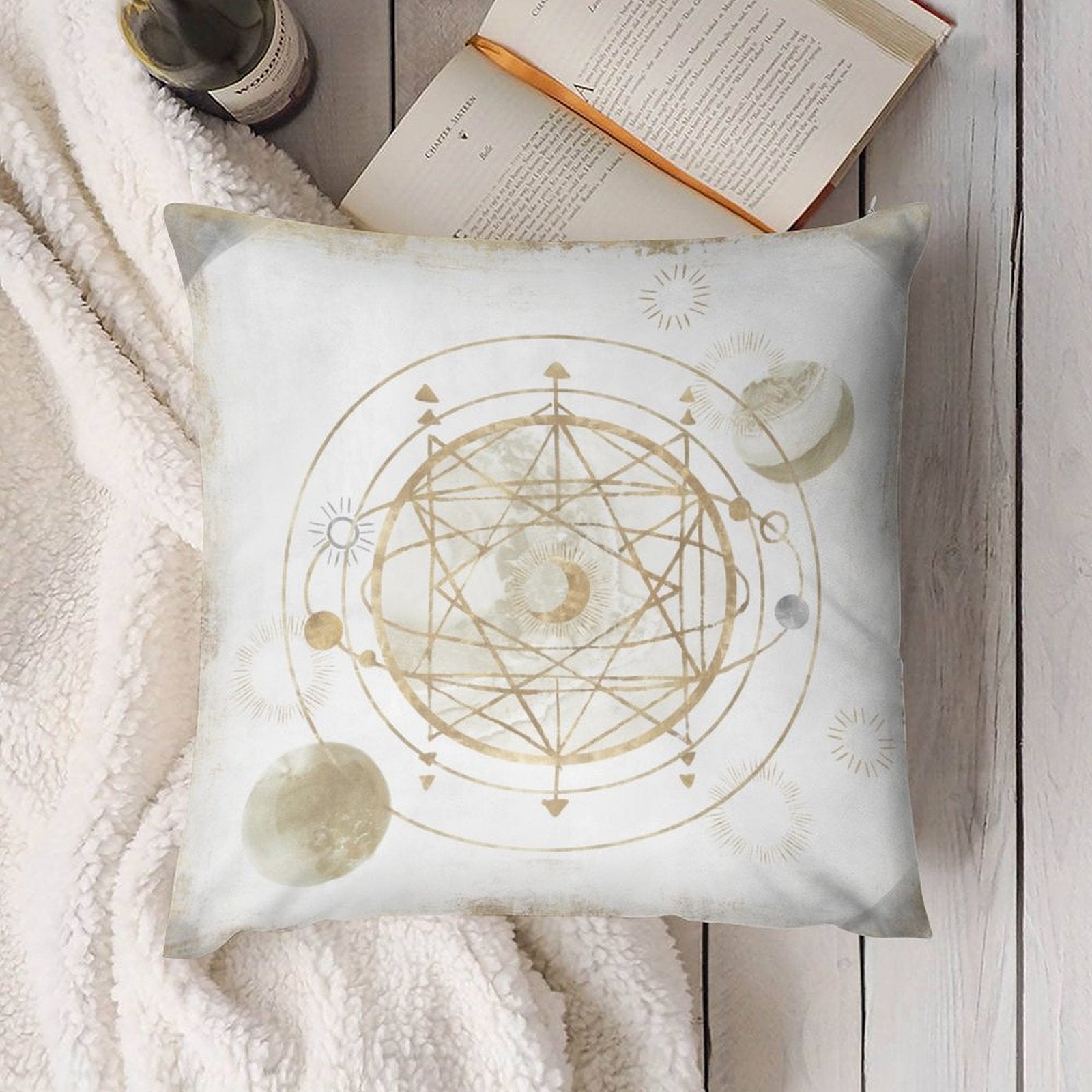 Soft plush throw pillow cover with celestial gold design, perfect for sofa, couch, or living room decor. MyArtsyGift.