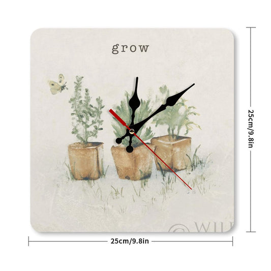 Square wall clock with watercolor plants and 'grow' text; ideal for home or kitchen decor.
