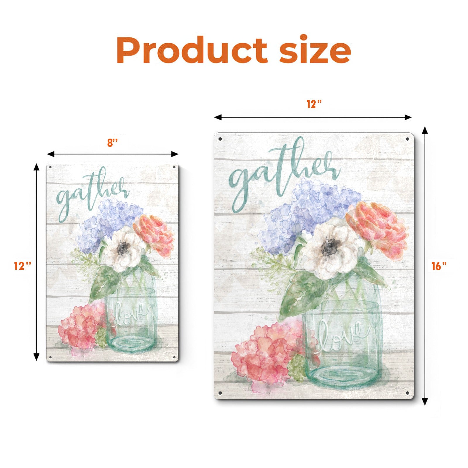 Pastel floral metal sign with 'gather' and 'love' text; watercolor flowers in a jar, perfect for home decor.