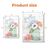 Pastel floral metal sign with 'gather' and 'love' text; watercolor flowers in a jar, perfect for home decor.