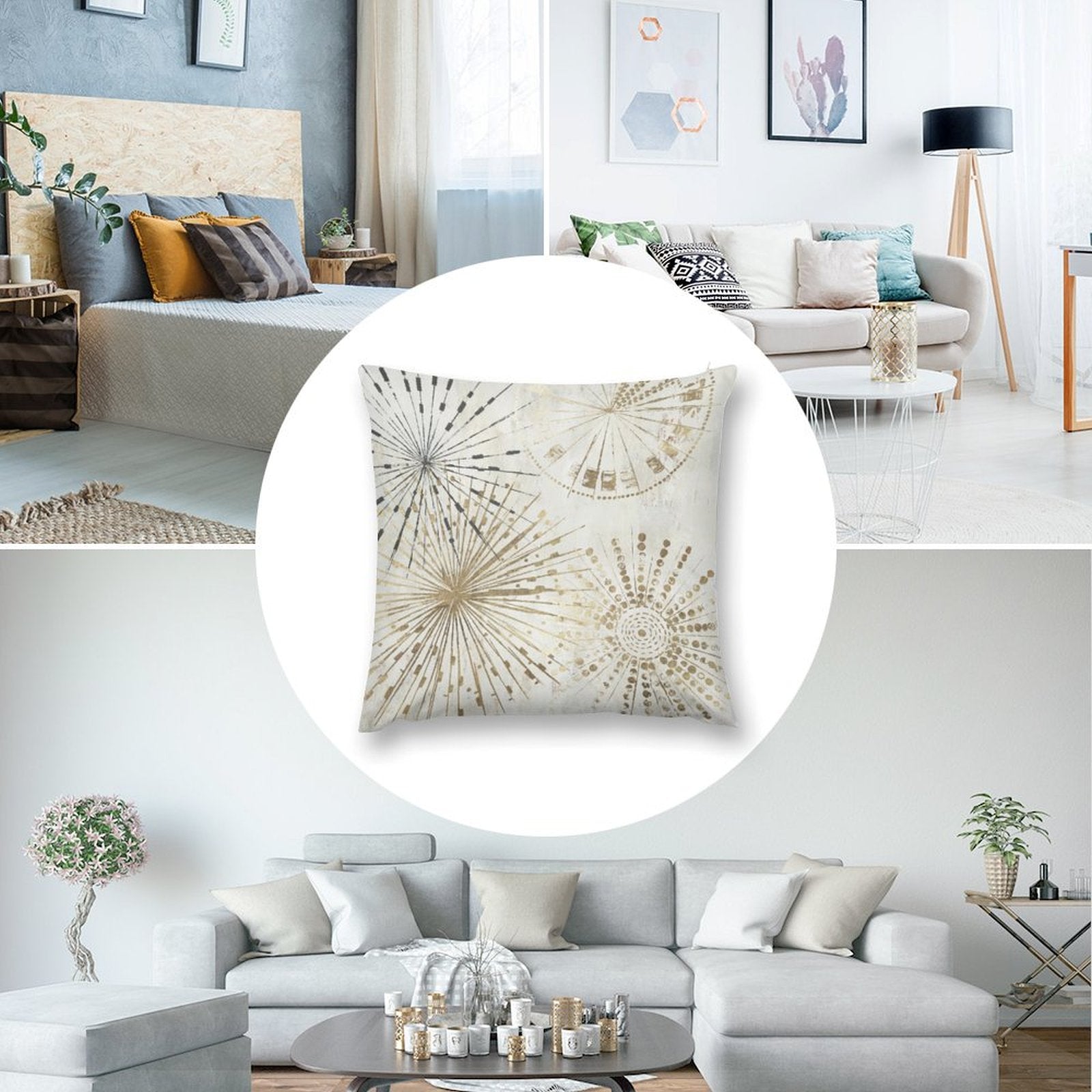 Luxury throw pillow cover with gold starburst design. Soft short plush, perfect for sofa or couch decor.