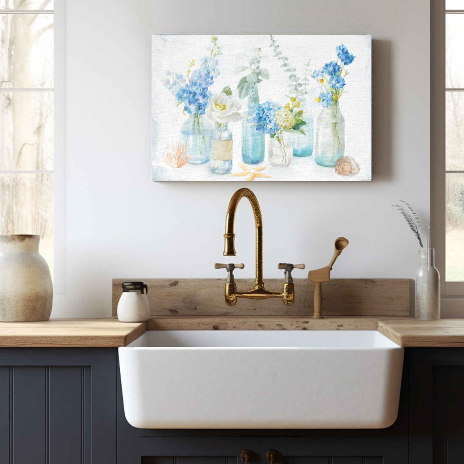 Beach Cottage Blue Florals Canvas Print, Watercolor floral art for home decor, kitchen wall art