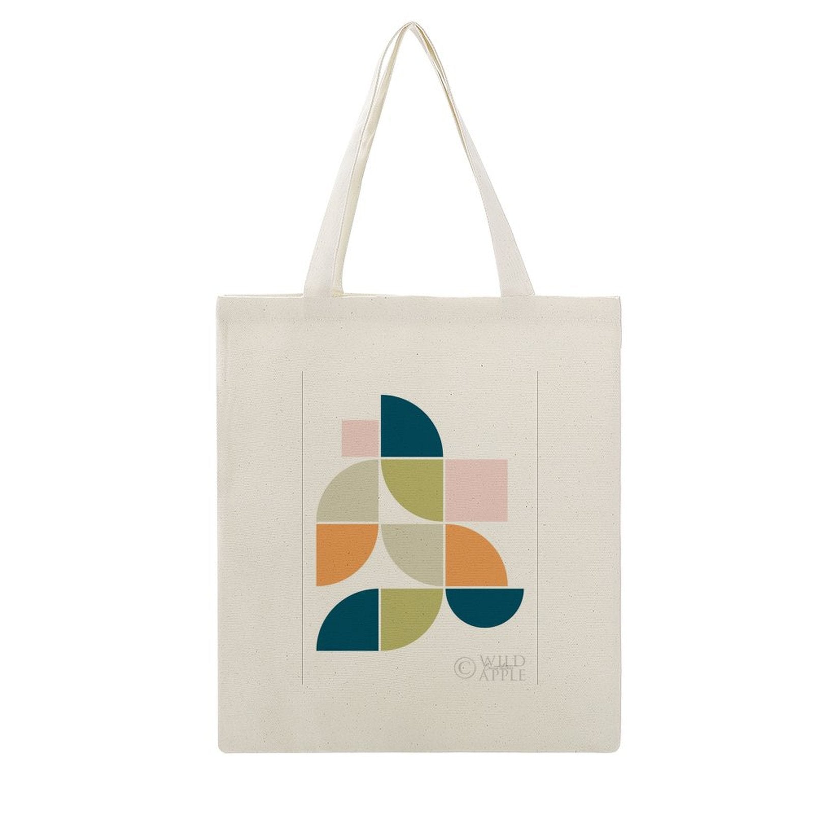 Canvas tote bag with Mid Century Geo II design, perfect for shopping or carrying items. Features "Wild Apple" logo.