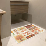 Autumn entrance doormat with "Home Sweet Home" design and fall motifs, rubber floor mat for indoor/outdoor use.