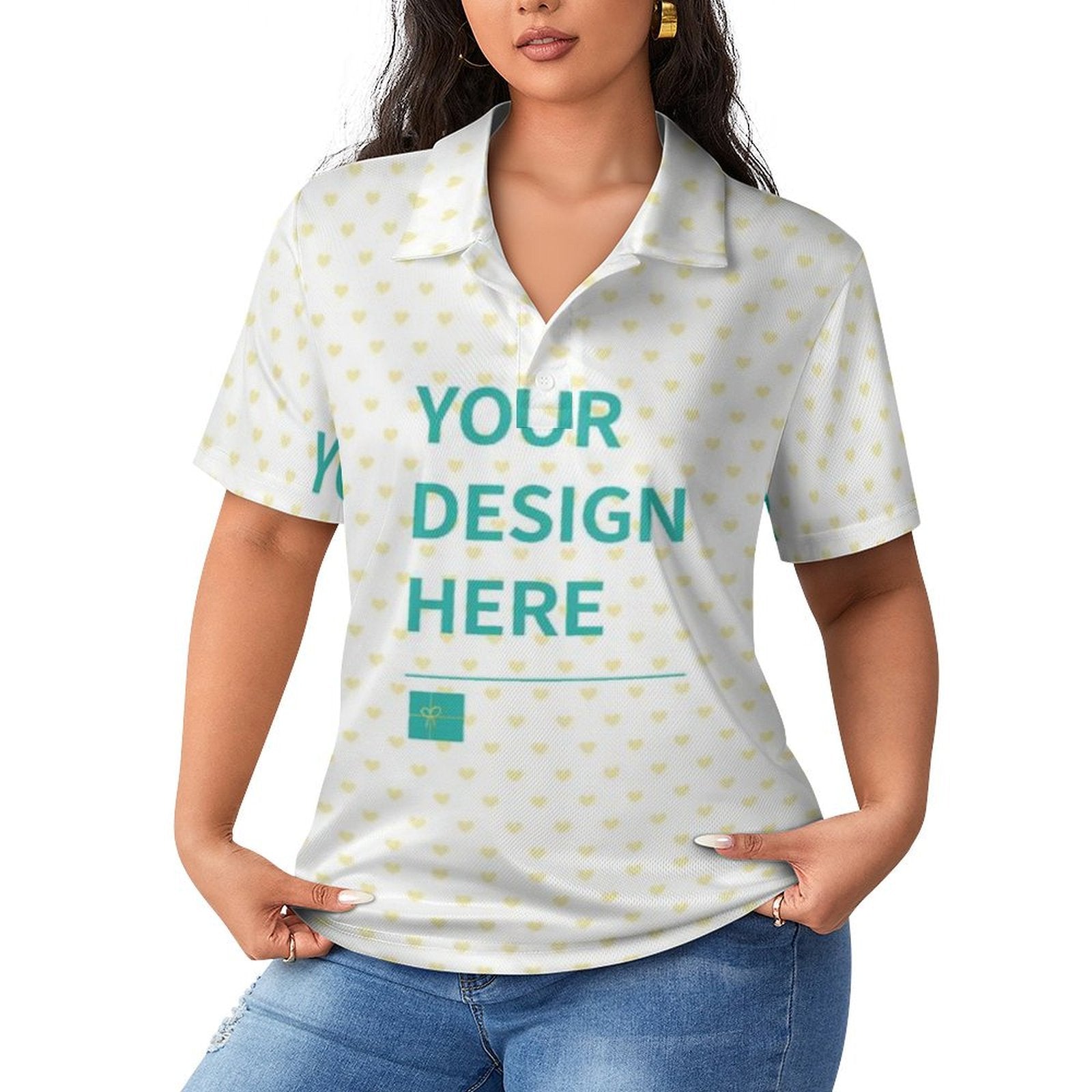 Customizable women's white polo shirt with heart pattern, featuring 'YOUR DESIGN HERE' text.